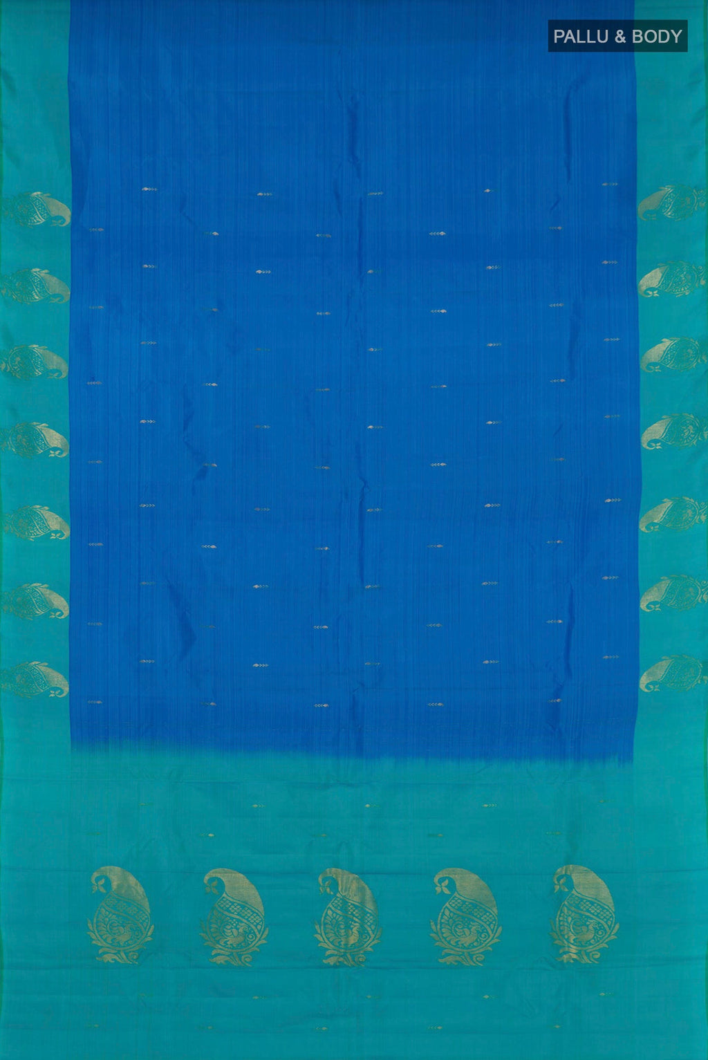 Flat view of Pure Silk Pure Zari Blue Kanchipuram Saree with Zari Butta on the body and Fancy Border. 