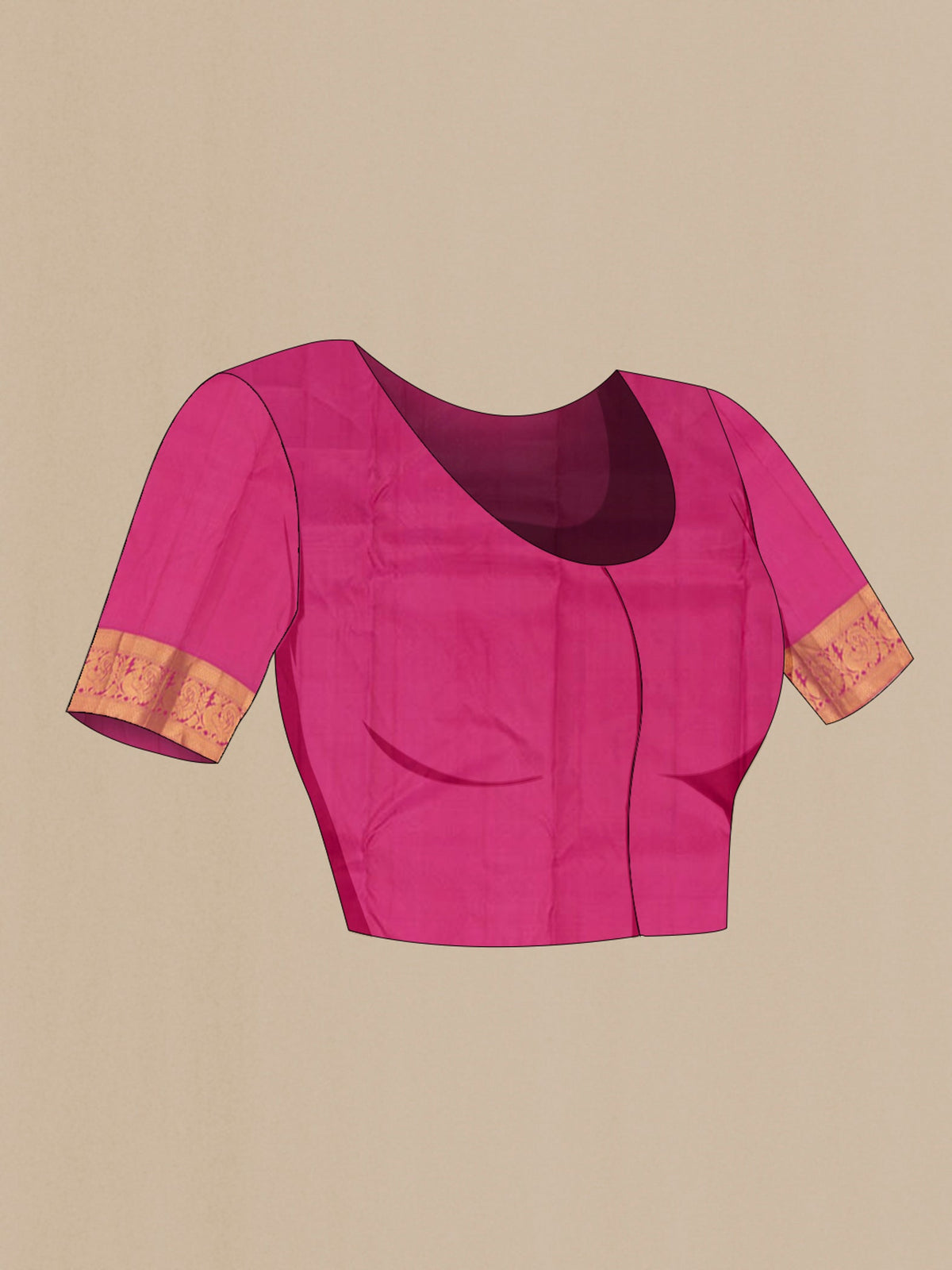 Close up image of the blouse of Pink Kanjivaram Saree with Plain Body and Zari Border. 