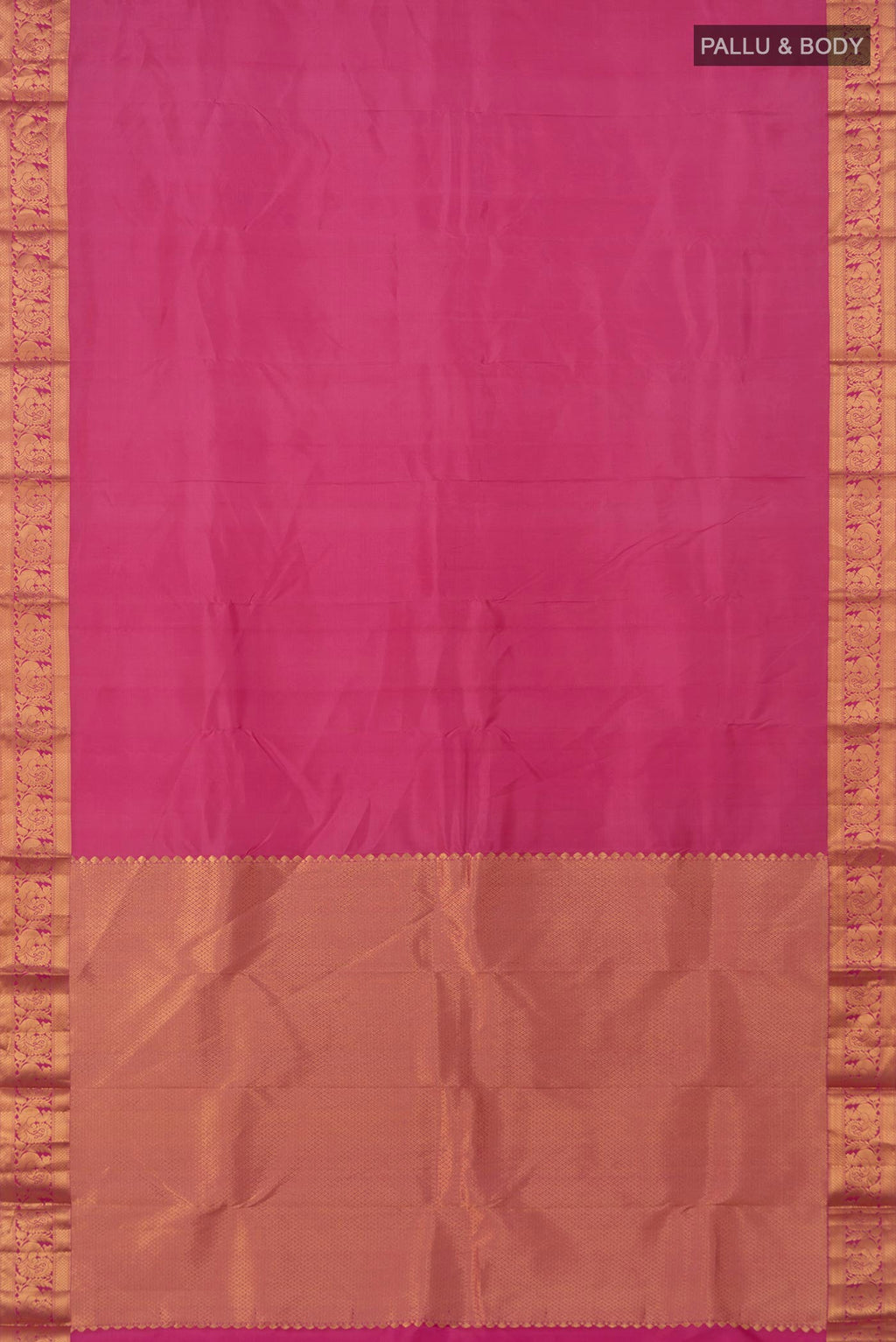 Flat view of Pink Kanjivaram Saree with Plain Body and Zari Border. 