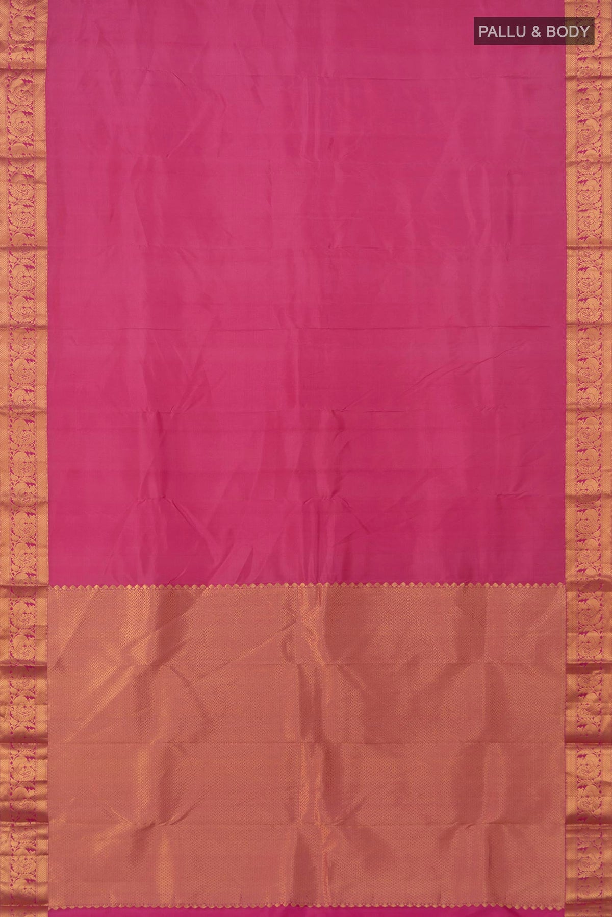 Flat view of Pink Kanjivaram Saree with Plain Body and Zari Border. 