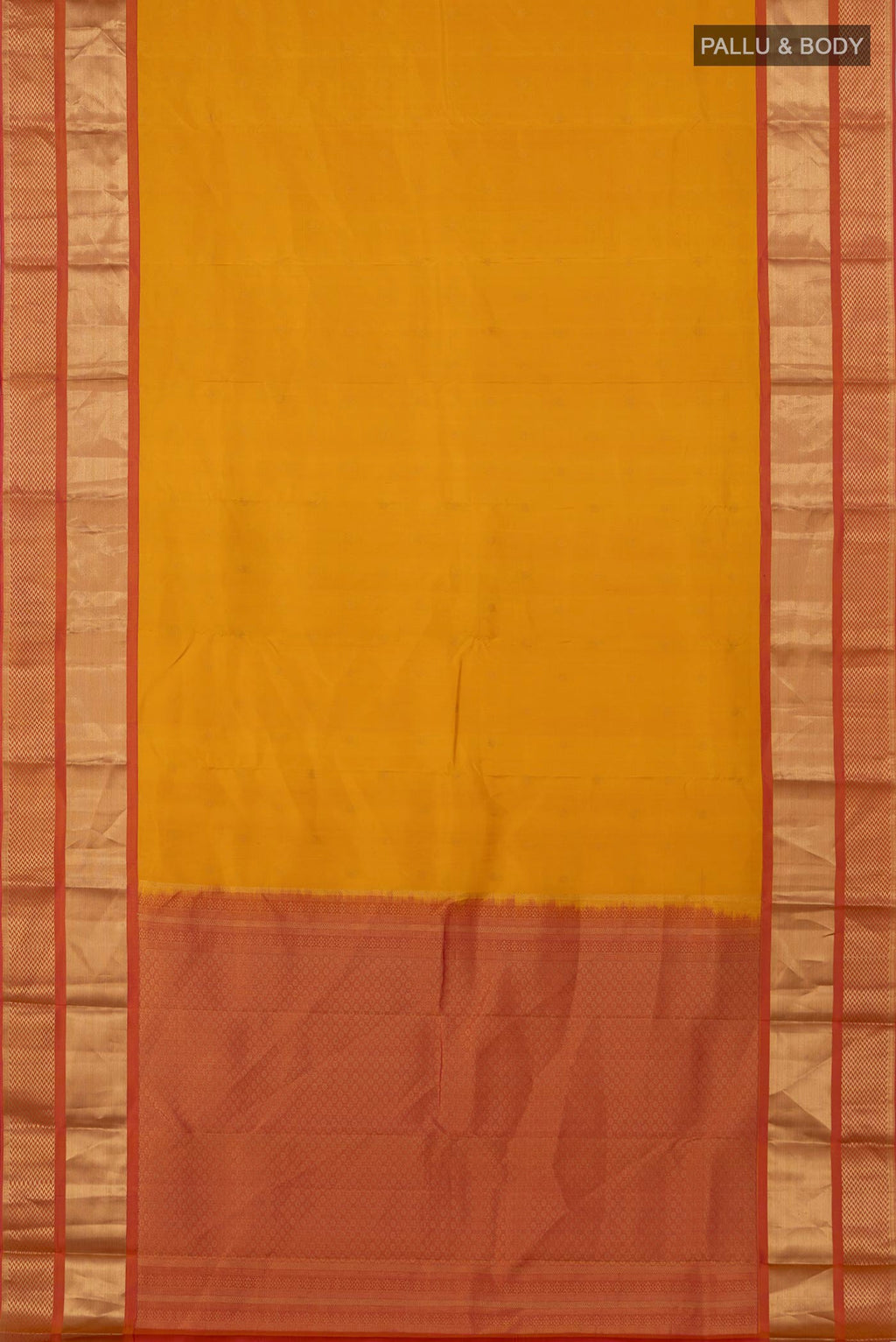 Flat view of Yellow Kanchipuram Saree with Zari Butta on the body and Zari Border. 