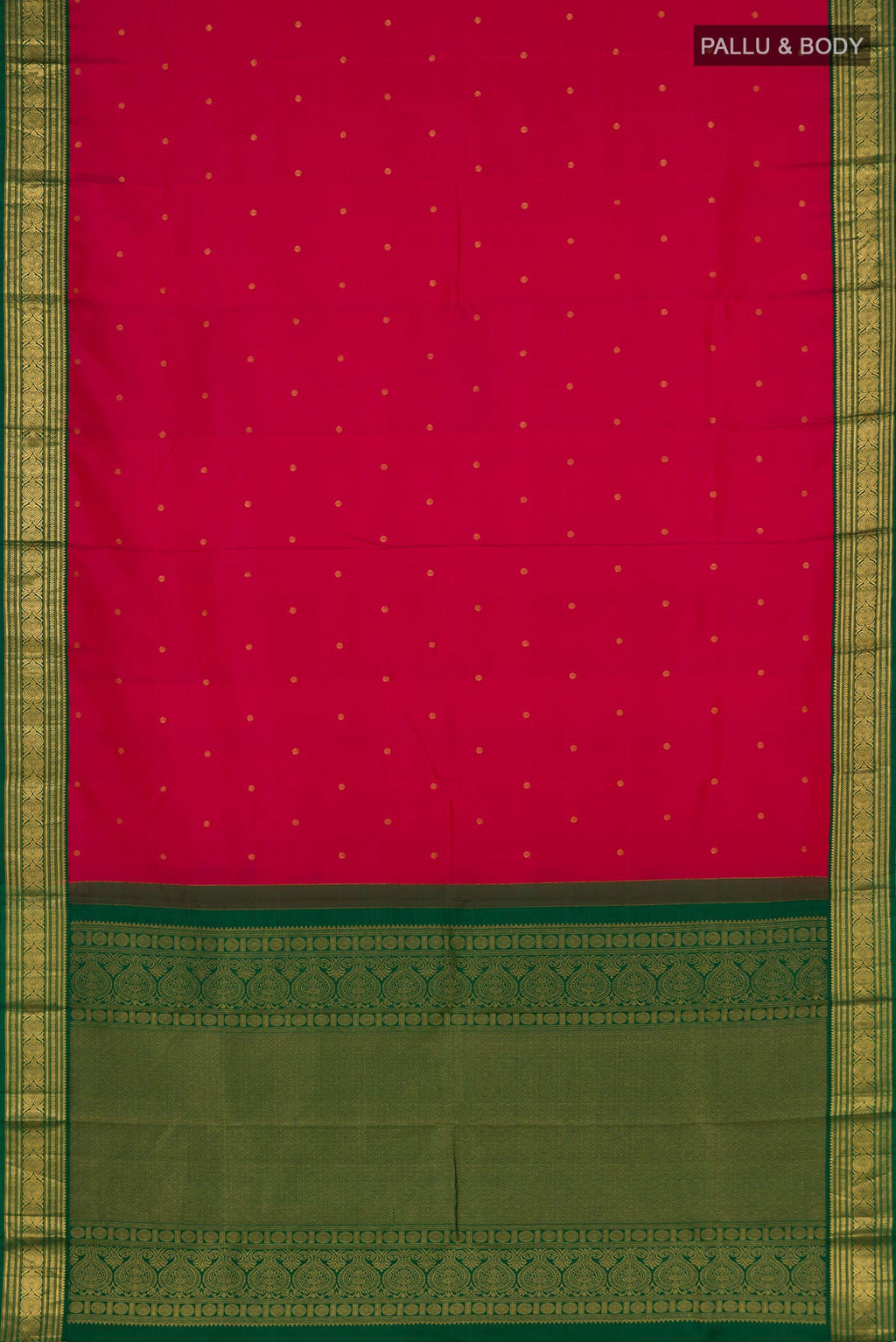 Flat view of Rani Pink Kanjivaram Silk Saree with Zari Butta on the body and Zari Border. 