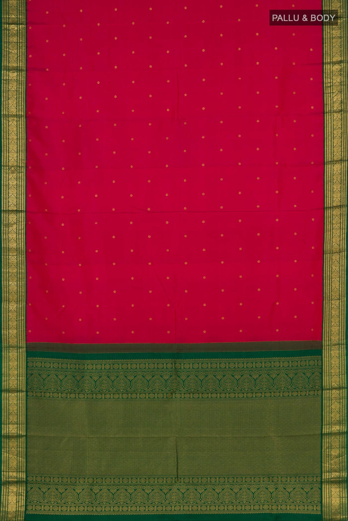 Flat view of Rani Pink Kanjivaram Silk Saree with Zari Butta on the body and Zari Border. 