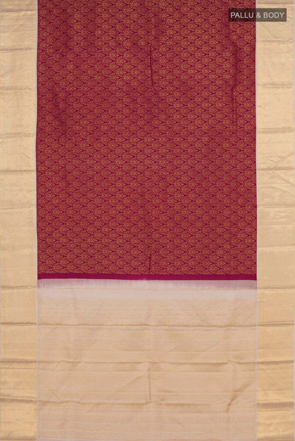 Flat view of Rani Pink Kanjivaram Silk Saree with Zari Brocade on the body and Zari Border. 