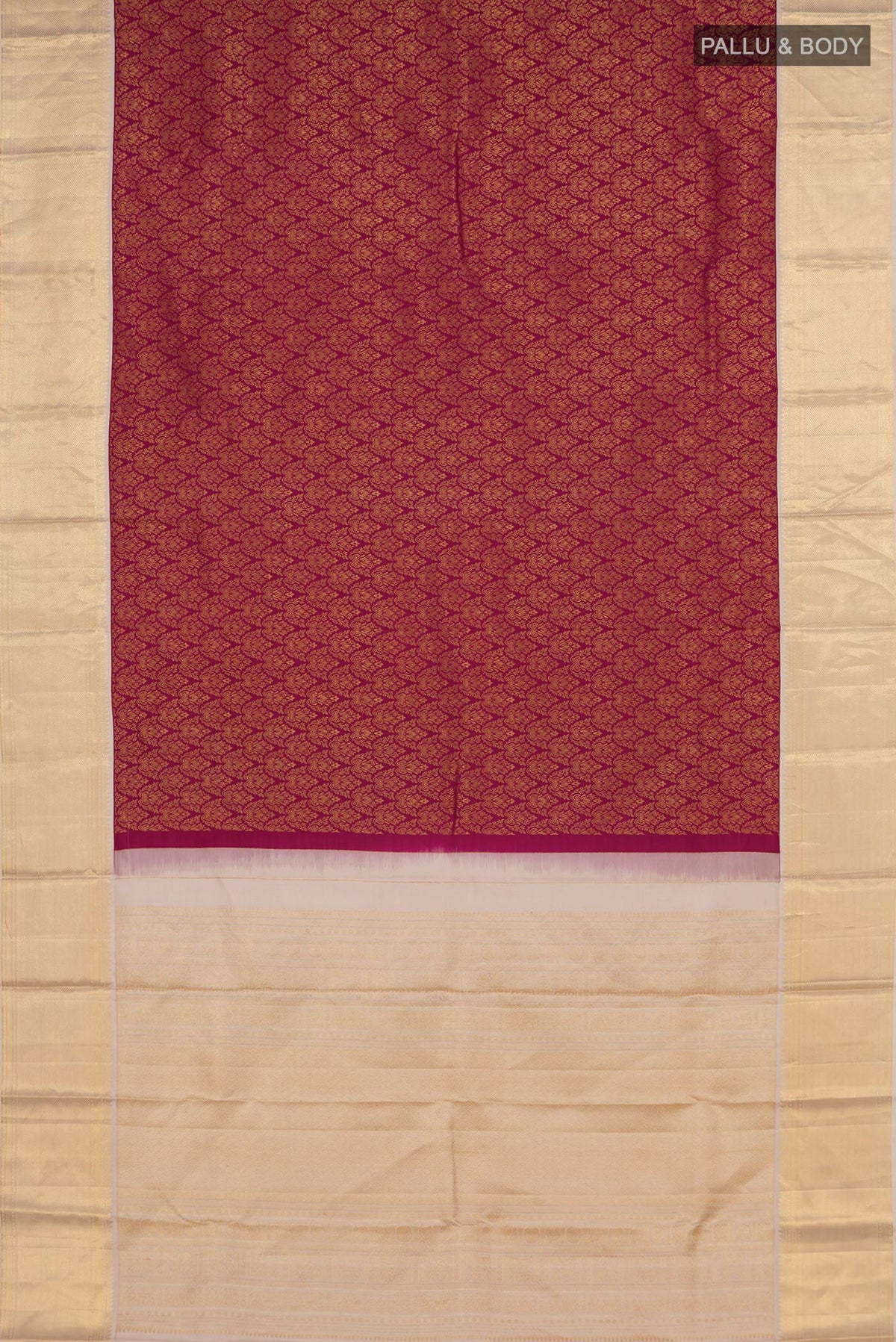 Flat view of Rani Pink Kanjivaram Silk Saree with Zari Brocade on the body and Zari Border. 