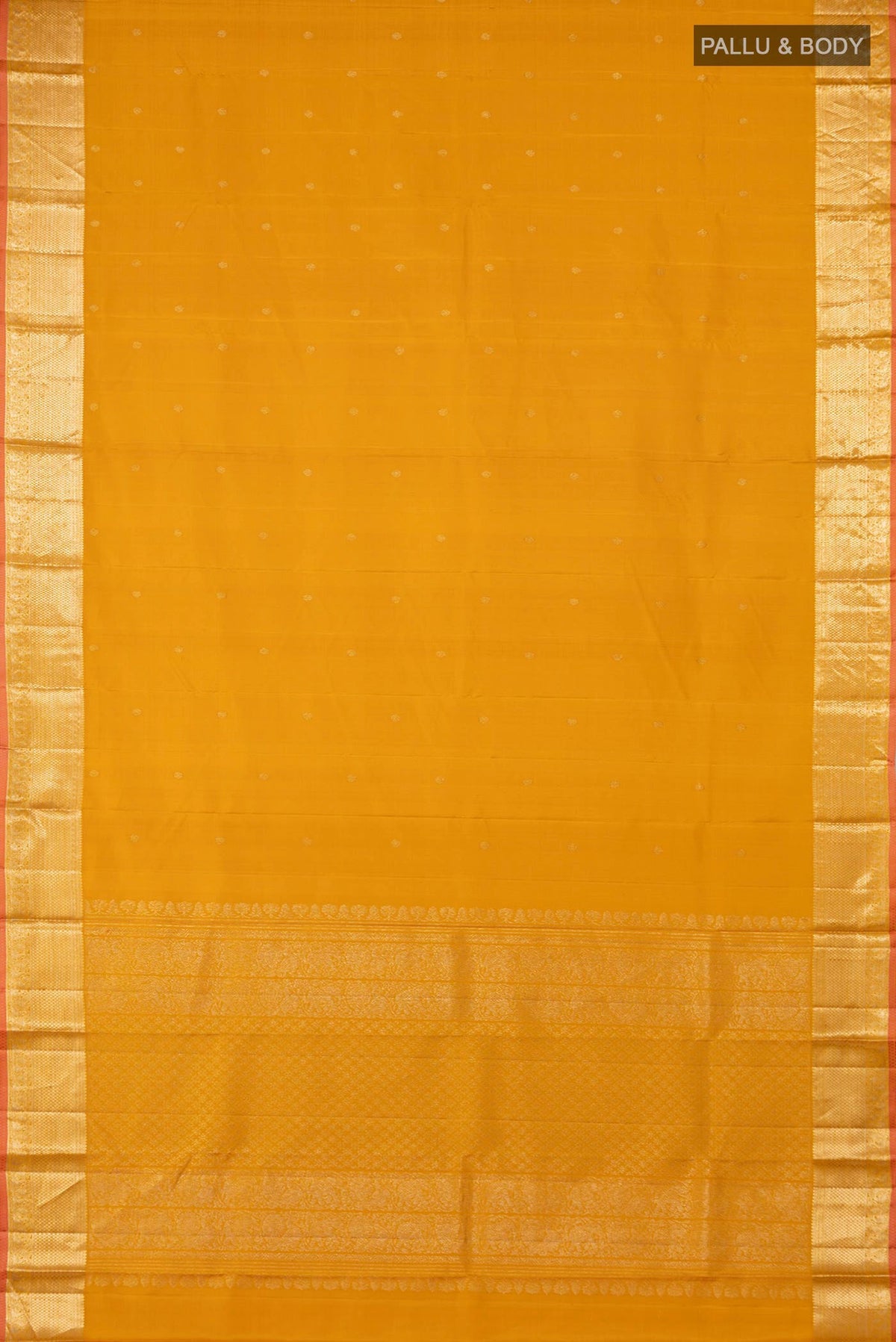 Flat view of Yellow Kanjivaram Saree with Zari Butta on the body and Zari Border. 