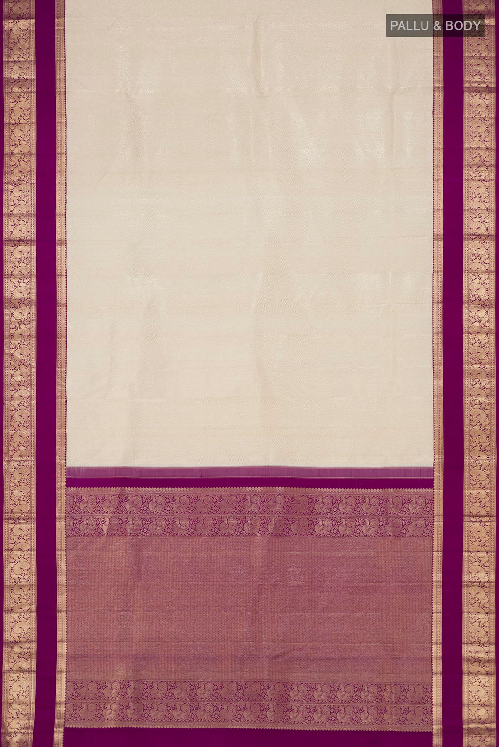 Flat view of Cream Kanchipuram Silk Saree with Zari Brocade on the body and Zari Border. 