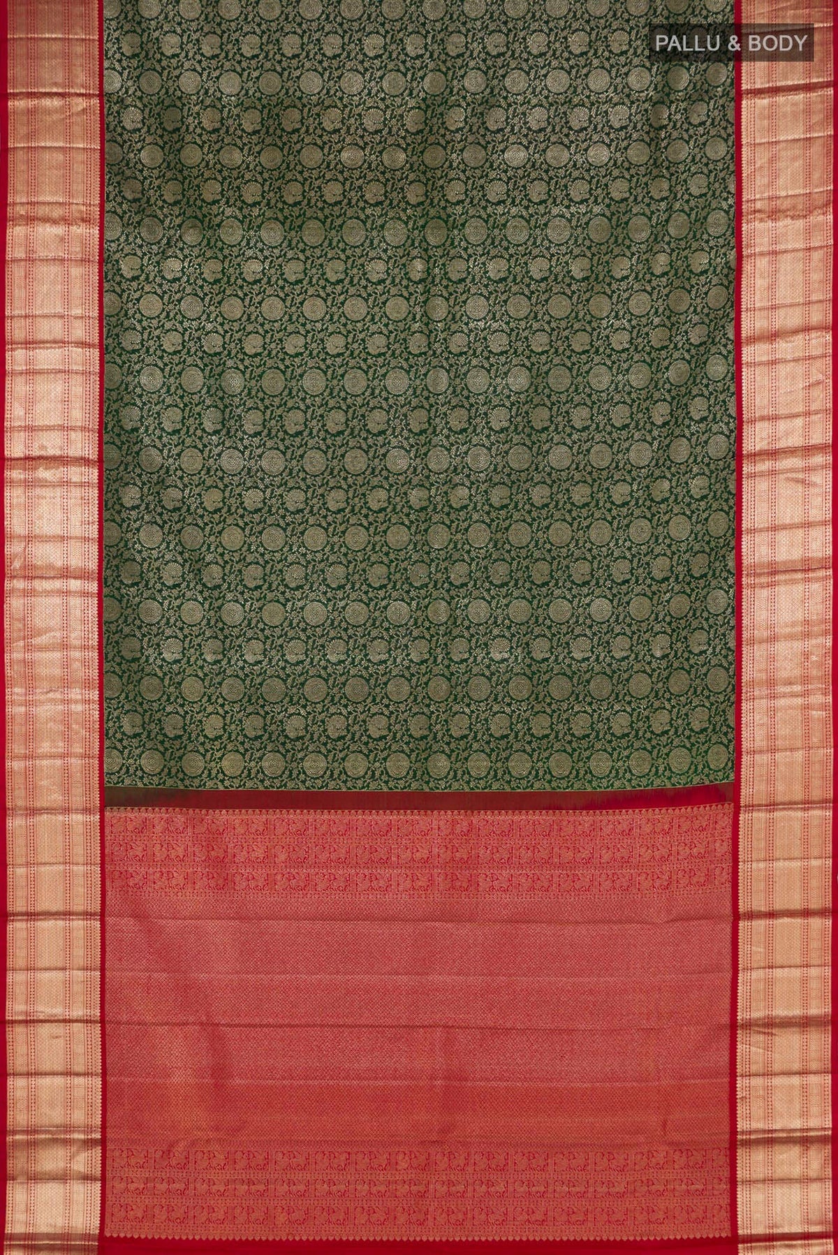 Flat view of Bottle Green Kanchipuram Saree with Zari Brocade on the body and Zari Border. 