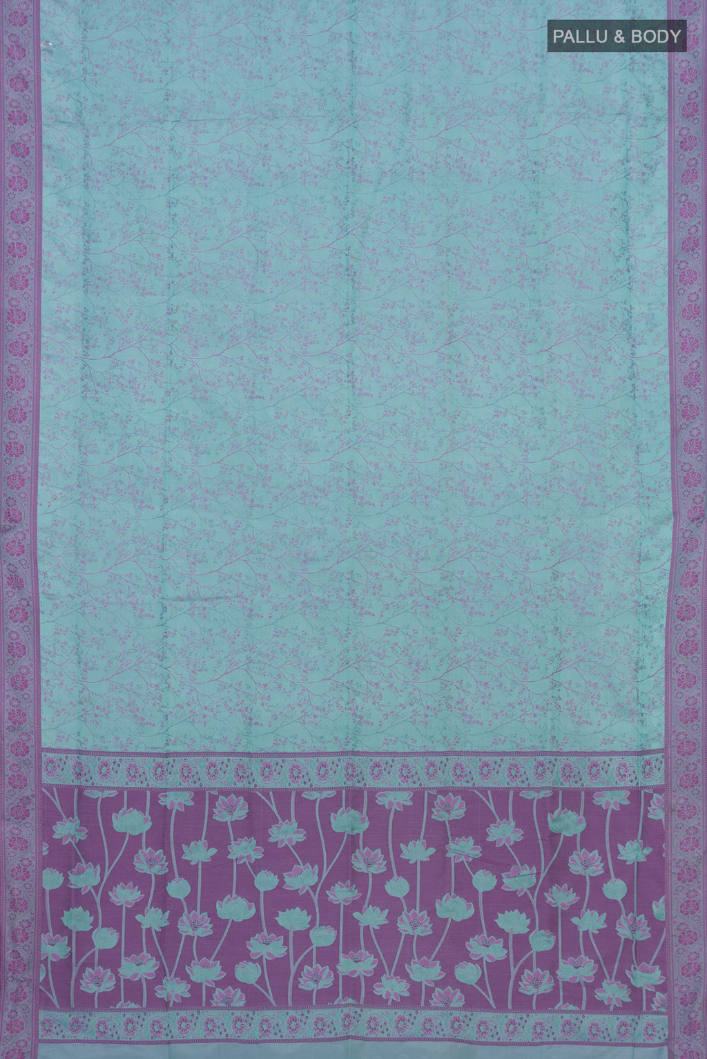 Flat view of Blue Soft Silk Saree with Jacquard design on the body and Thread Border. 