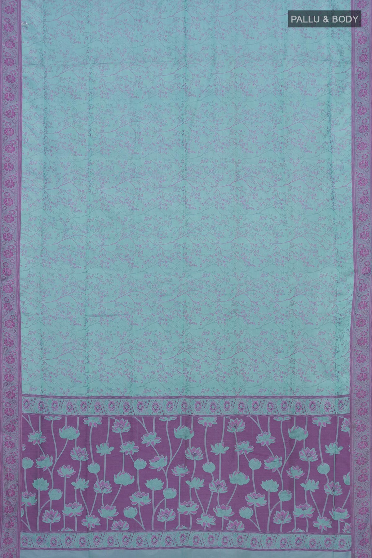 Flat view of Blue Soft Silk Saree with Jacquard design on the body and Thread Border. 