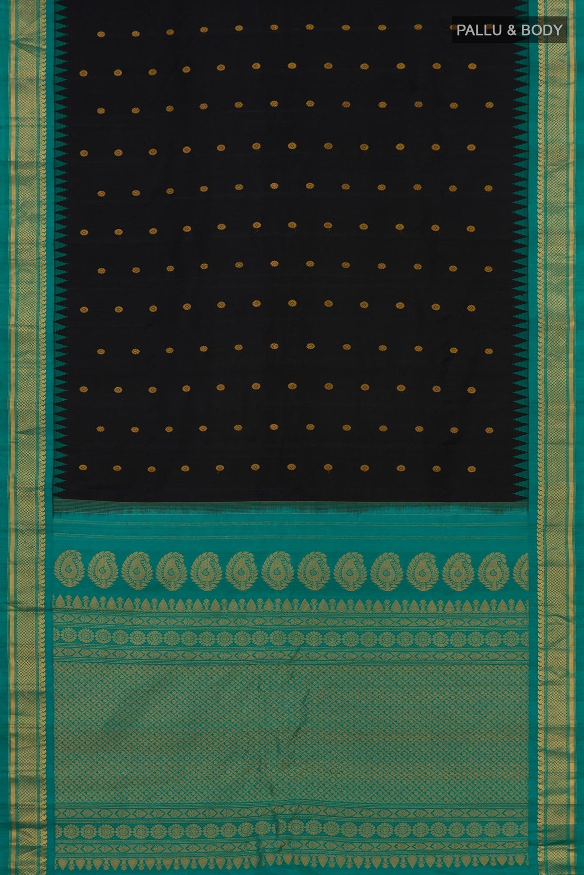 Flat view of Black Gadwal Silk Saree with Zari Butta on the body and Zari Border. 
