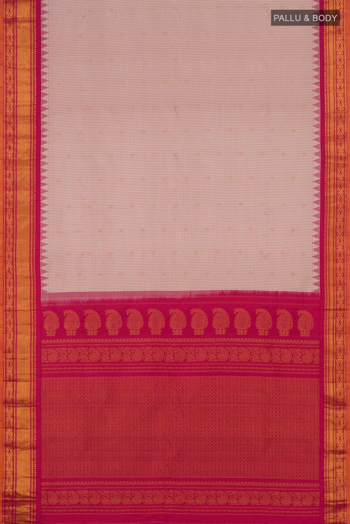 Flat view of Cream Gadwal Silk Saree with Checked design on the body and Zari Border. 