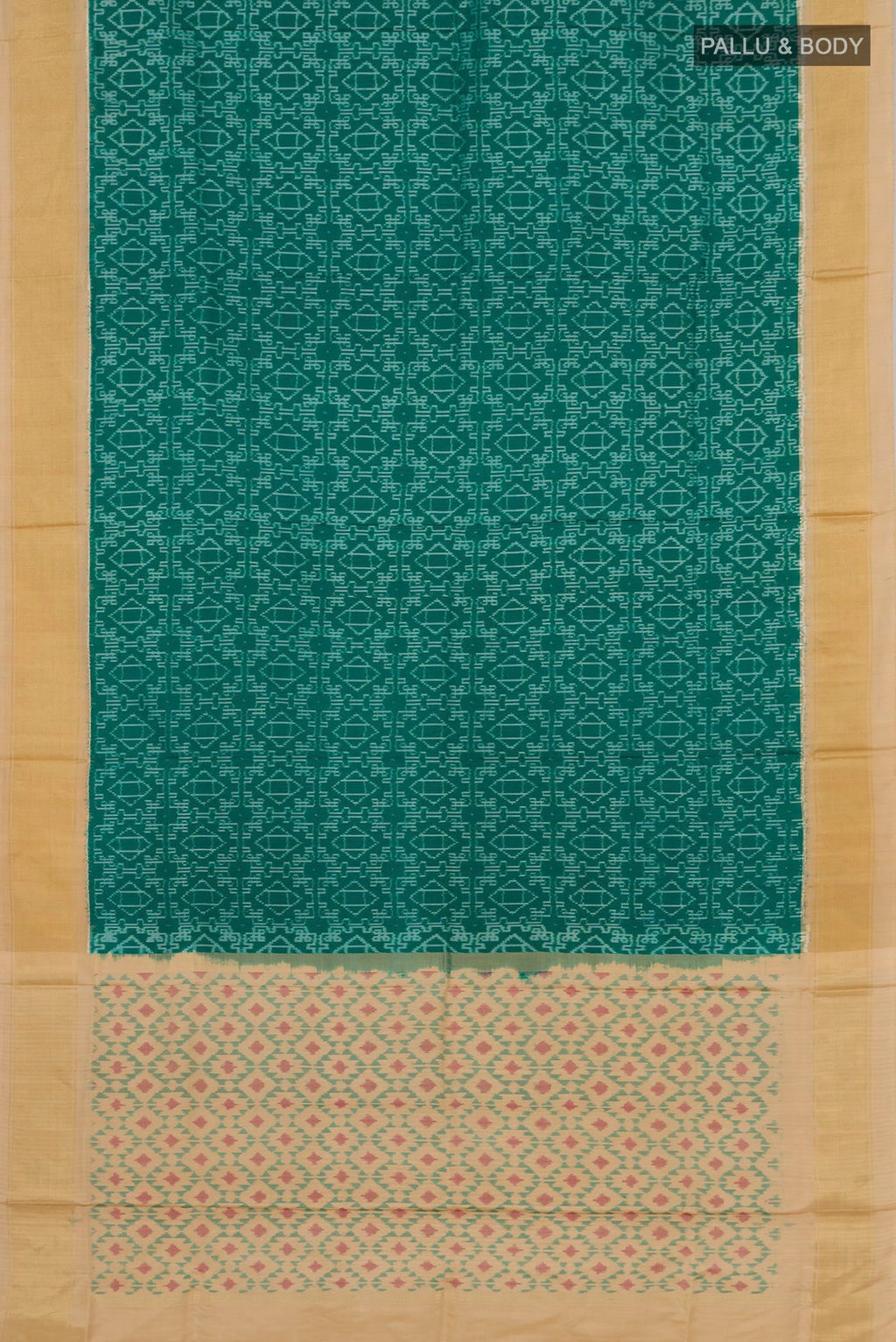Flat view of Green Pochampally Silk Saree with Ikat Print on the body and Zari Border. 