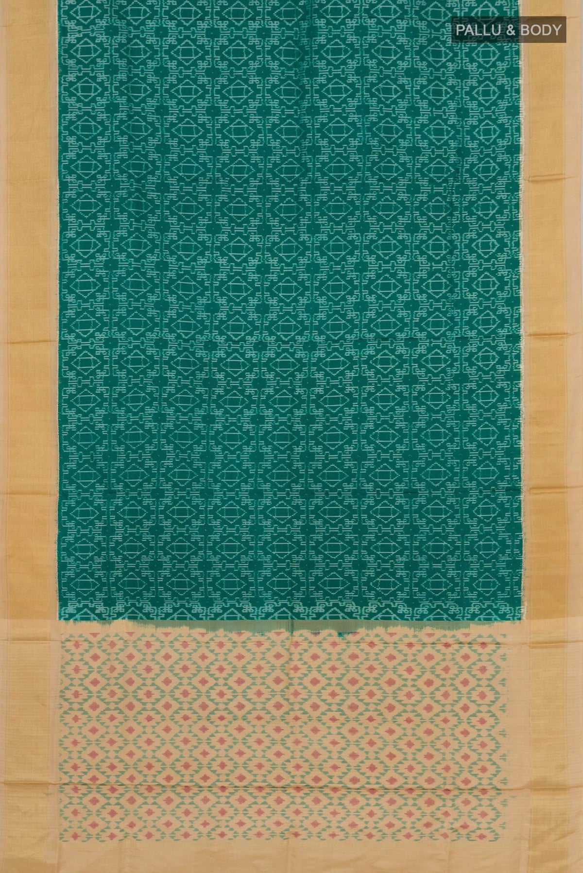 Flat view of Green Pochampally Silk Saree with Ikat Print on the body and Zari Border. 