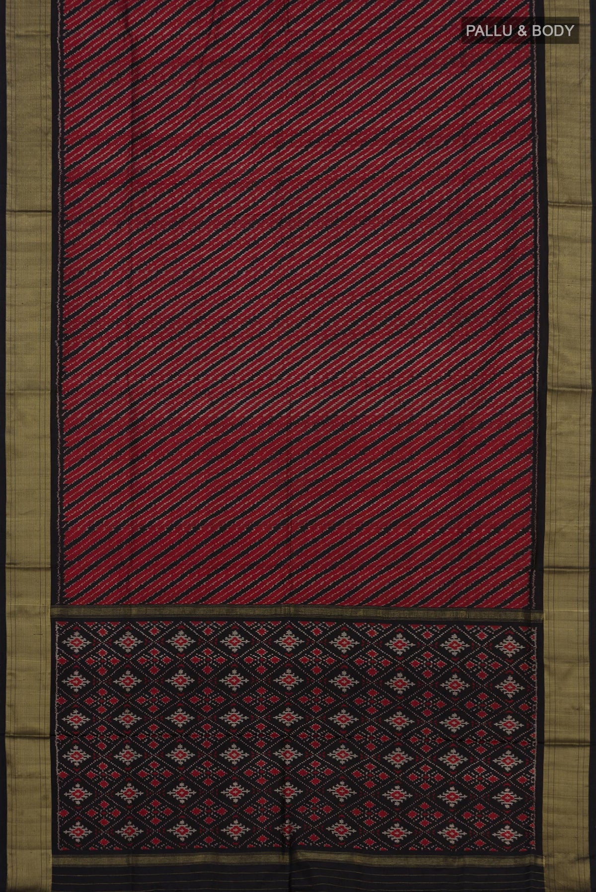 Flat view of Maroon Pochampally Silk Saree with Ikat design on the body and Zari Border. 