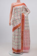 Cream Pochampally Silk Saree with Ikat design on the body and Zari Border.  displayed on a mannequin