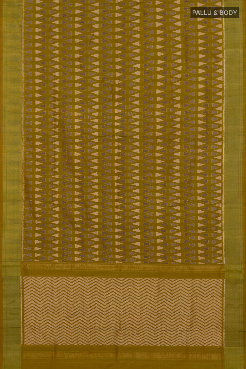 Flat view of Green Pochampally Silk Saree with Ikat Print on the body and Zari Border. 