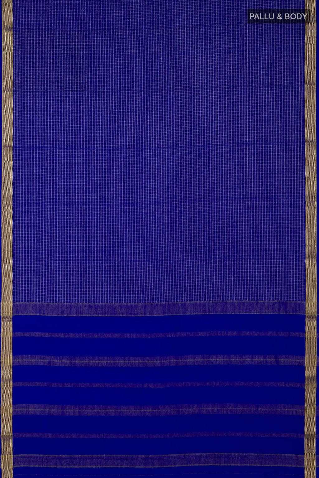 Flat view of Blue Crepe Saree with Checked design on the body and Zari Border. 