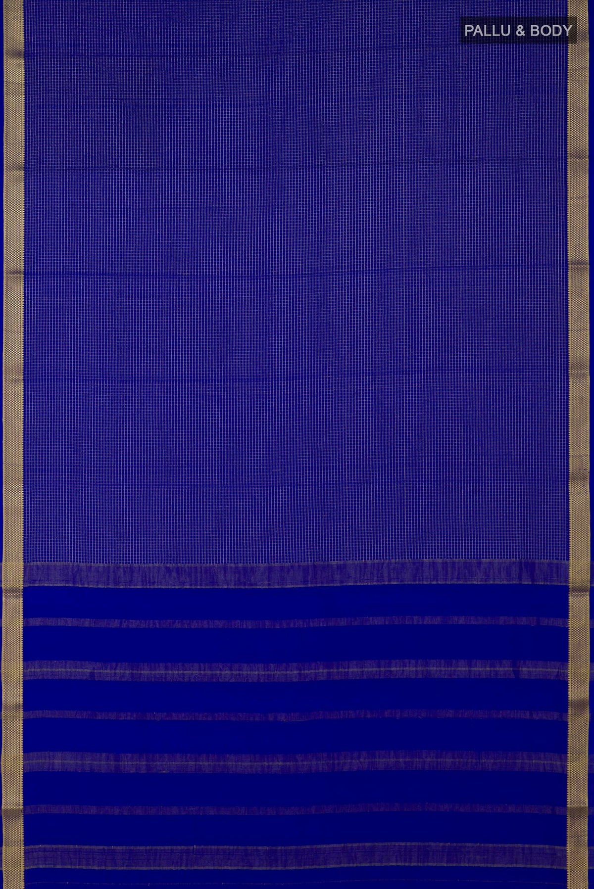 Flat view of Blue Crepe Saree with Checked design on the body and Zari Border. 