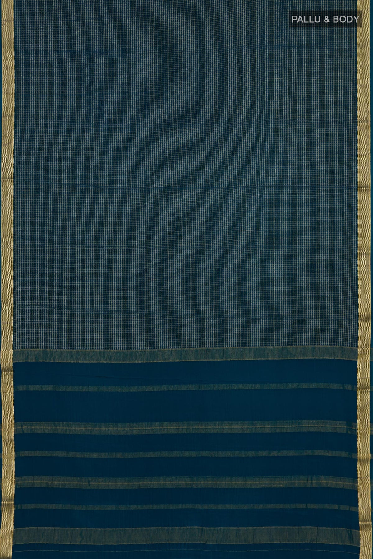Flat view of Blue Mysore Crepe Saree with Checked design on the body and Zari Border. 