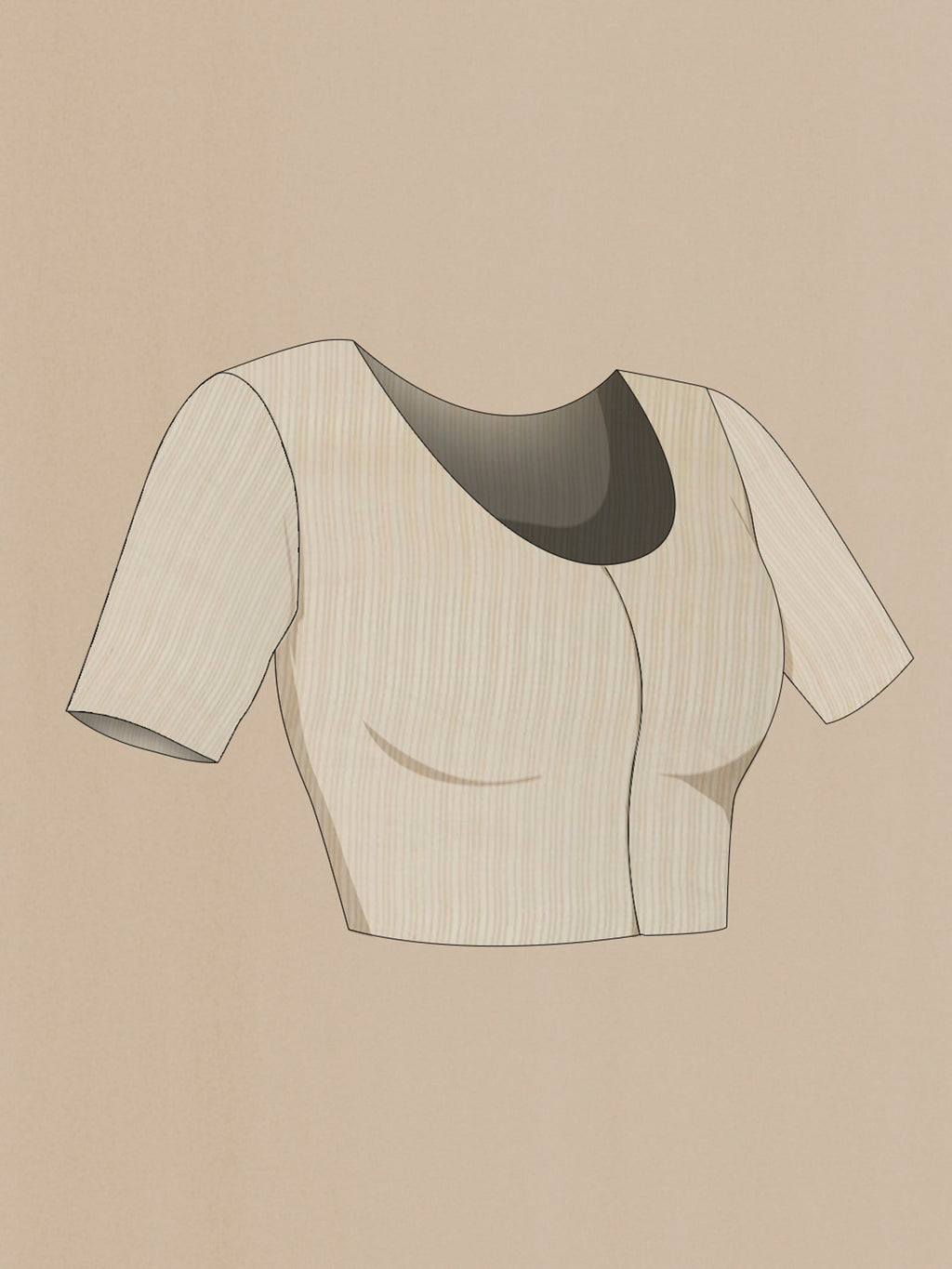 Close up image of the blouse of Cream Crepe Saree with Zari Butta on the body and Thin Zari Line. 