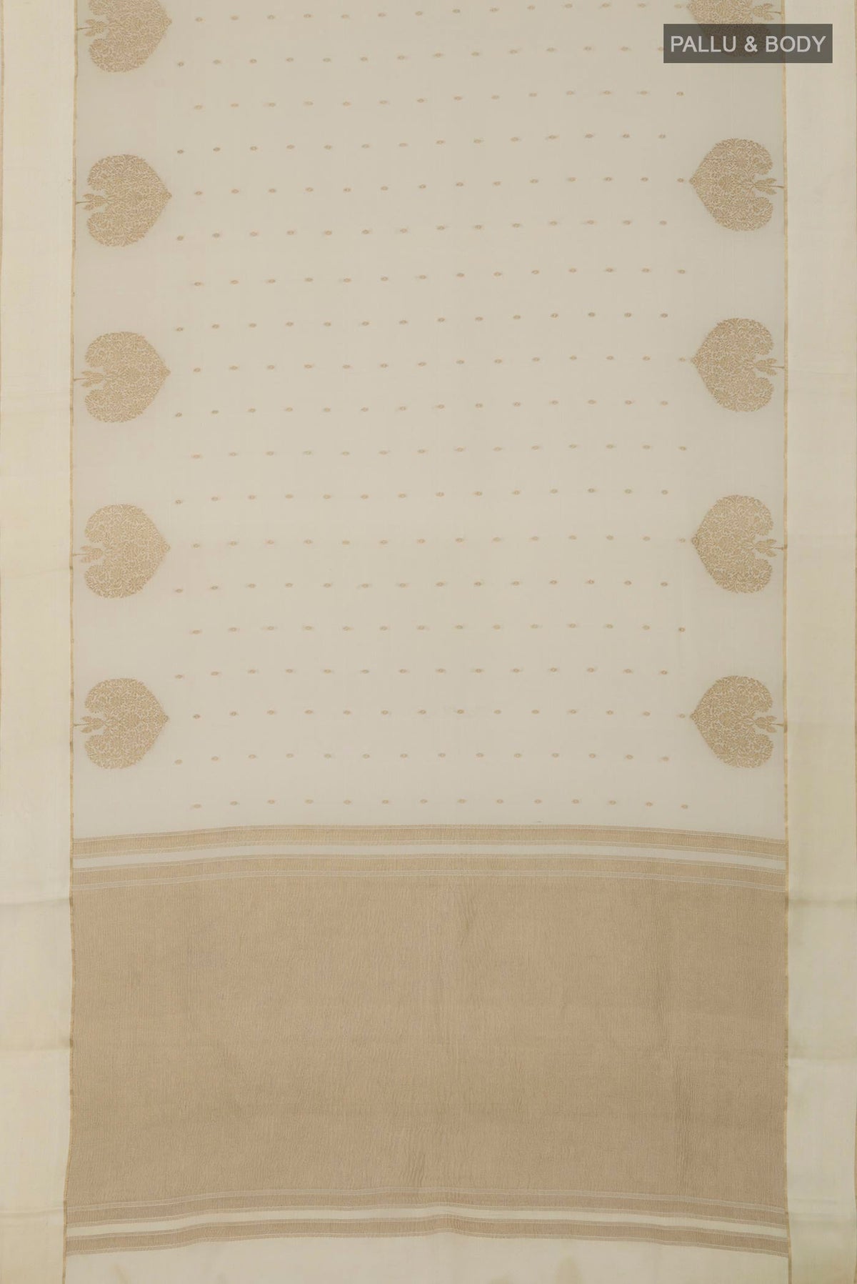 Flat view of Cream Crepe Saree with Zari Butta on the body and Thin Zari Line. 