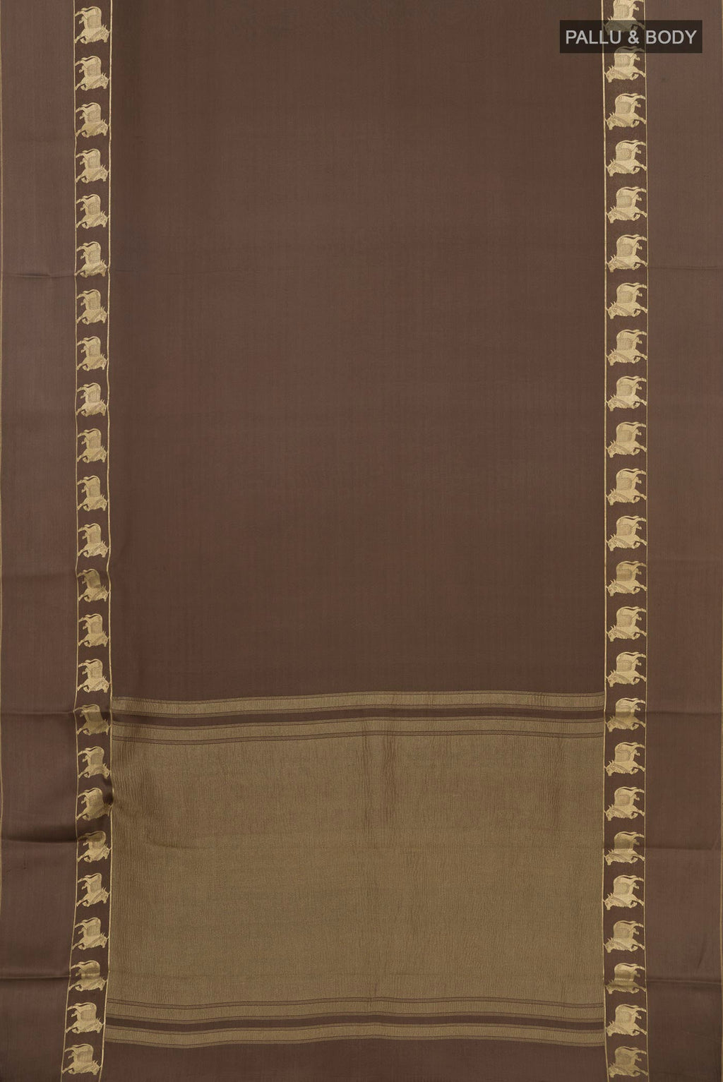 Flat view of Grey Crepe Saree with Plain Body and Fancy Border. 