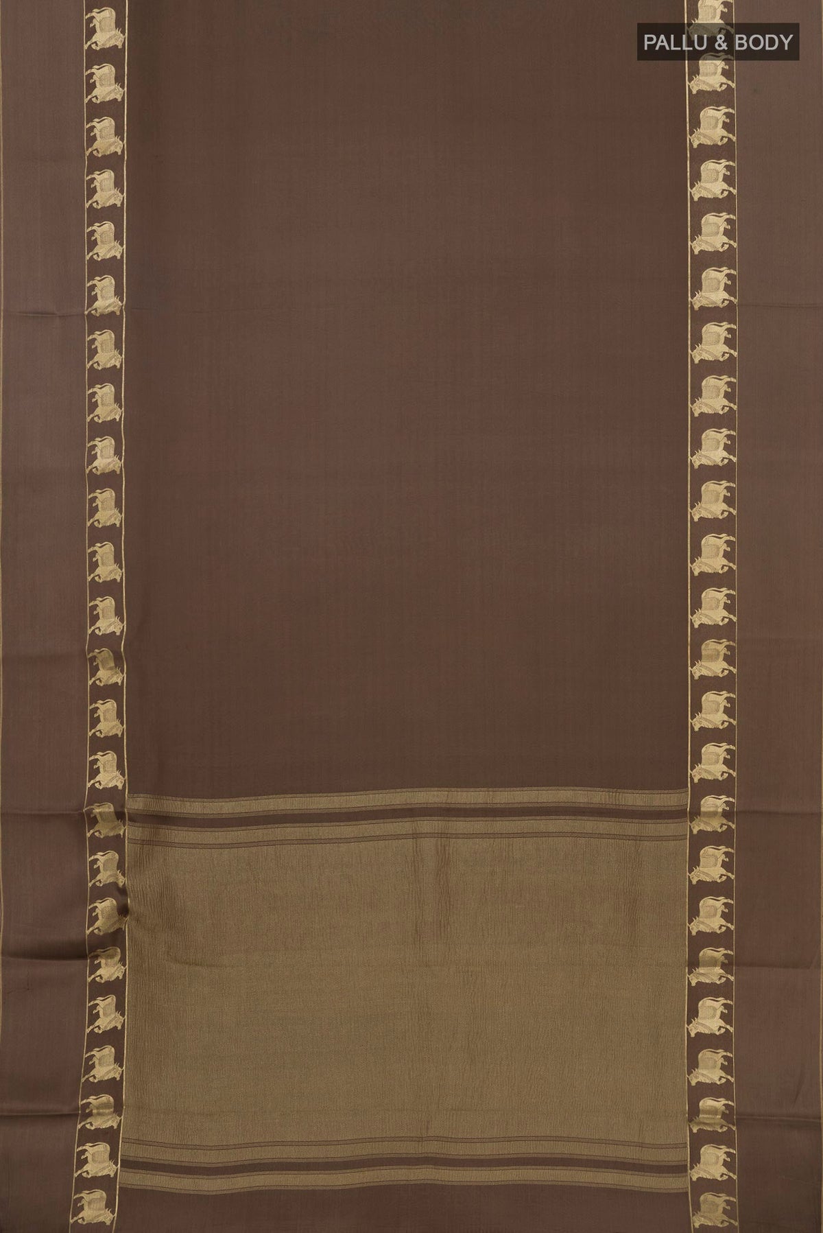 Flat view of Grey Crepe Saree with Plain Body and Fancy Border. 