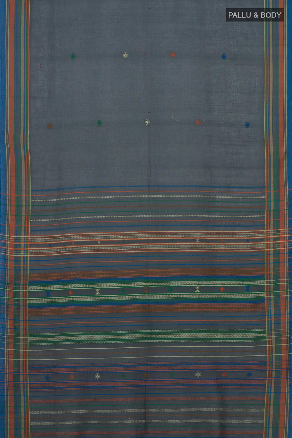 Flat view of Blue Grey Cotton Saree with Thread Butta on the body and Thread Border. 