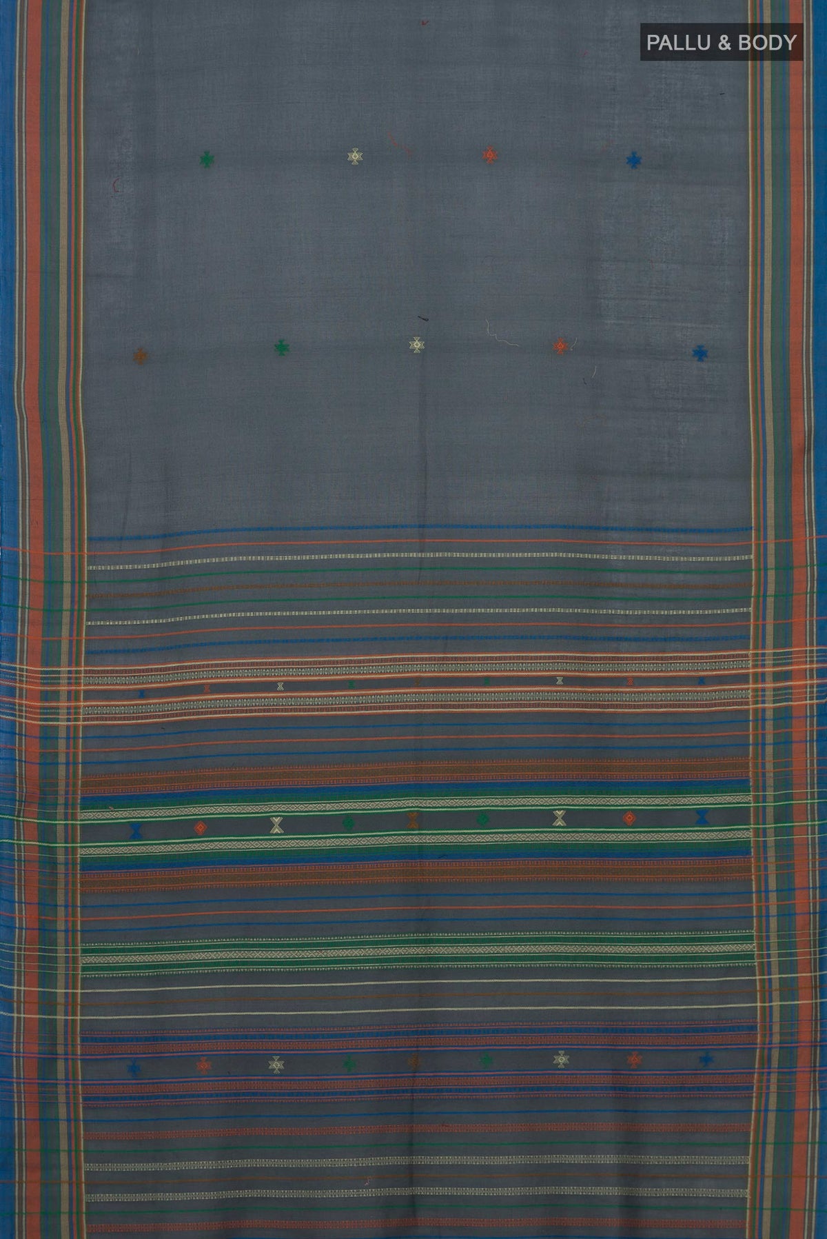 Flat view of Blue Grey Cotton Saree with Thread Butta on the body and Thread Border. 