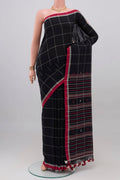 Black Cotton Saree with Checked design on the body and Thread Border.  displayed on a mannequin