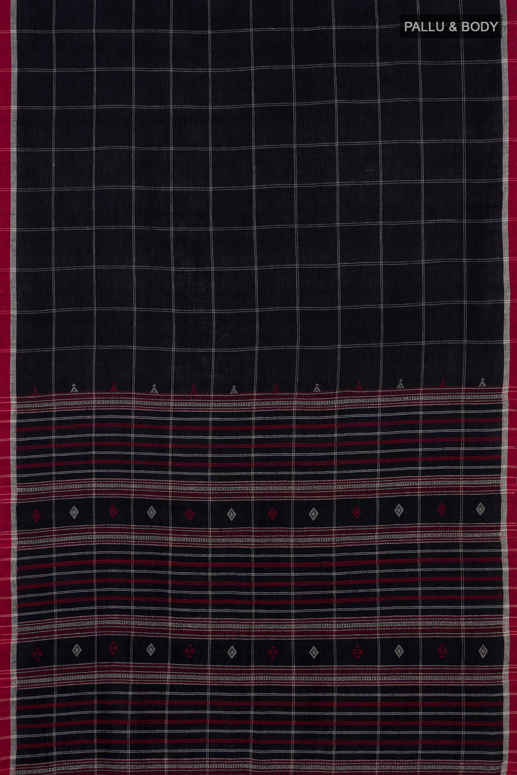 Flat view of Black Cotton Saree with Checked design on the body and Thread Border. 