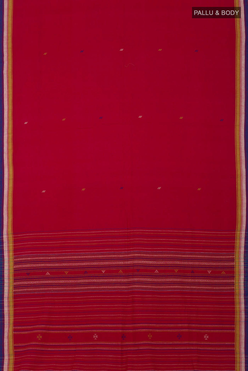 Flat view of Red Assam Cotton Saree with Thread Butta on the body and Thread Border. 
