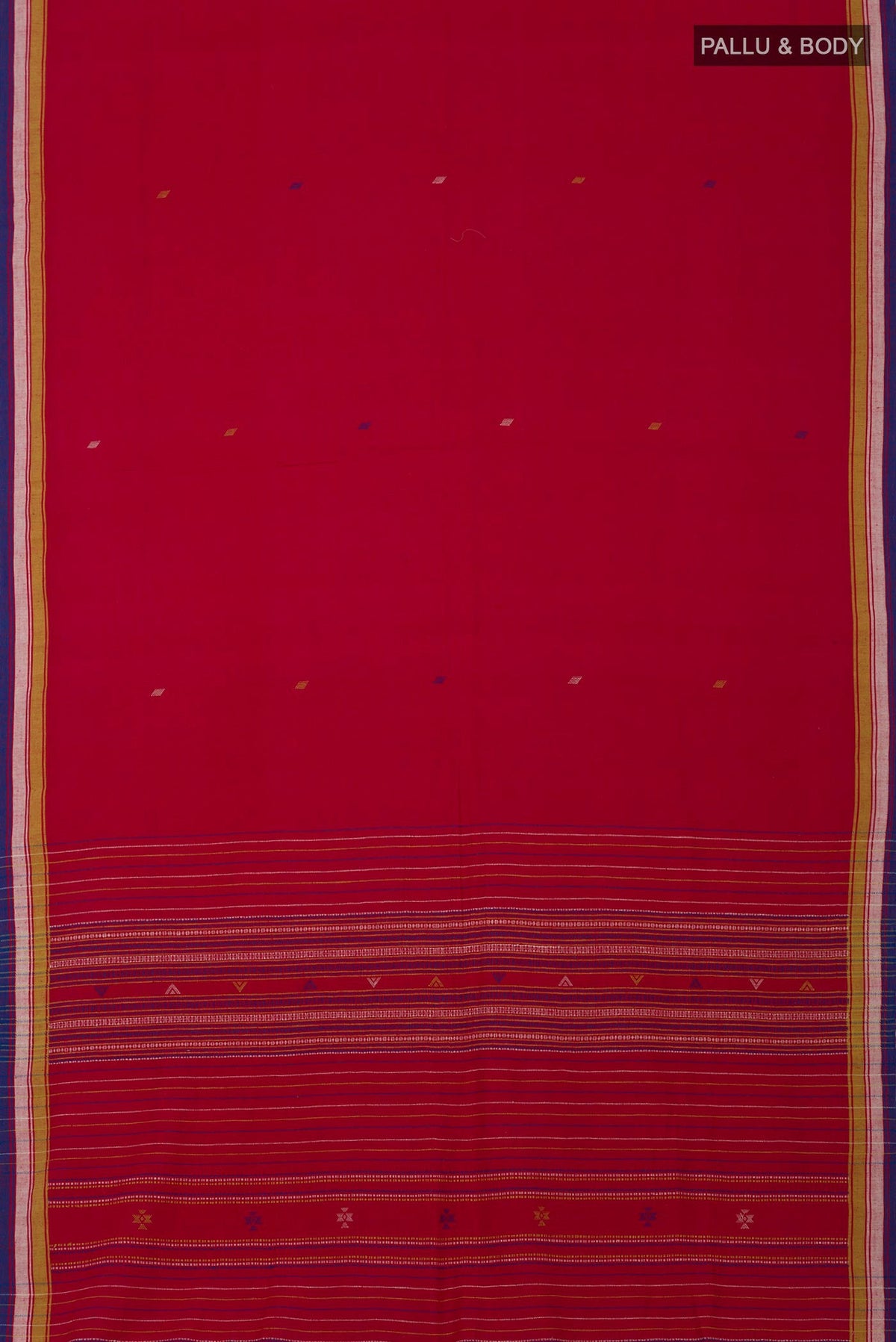 Flat view of Red Assam Cotton Saree with Thread Butta on the body and Thread Border. 