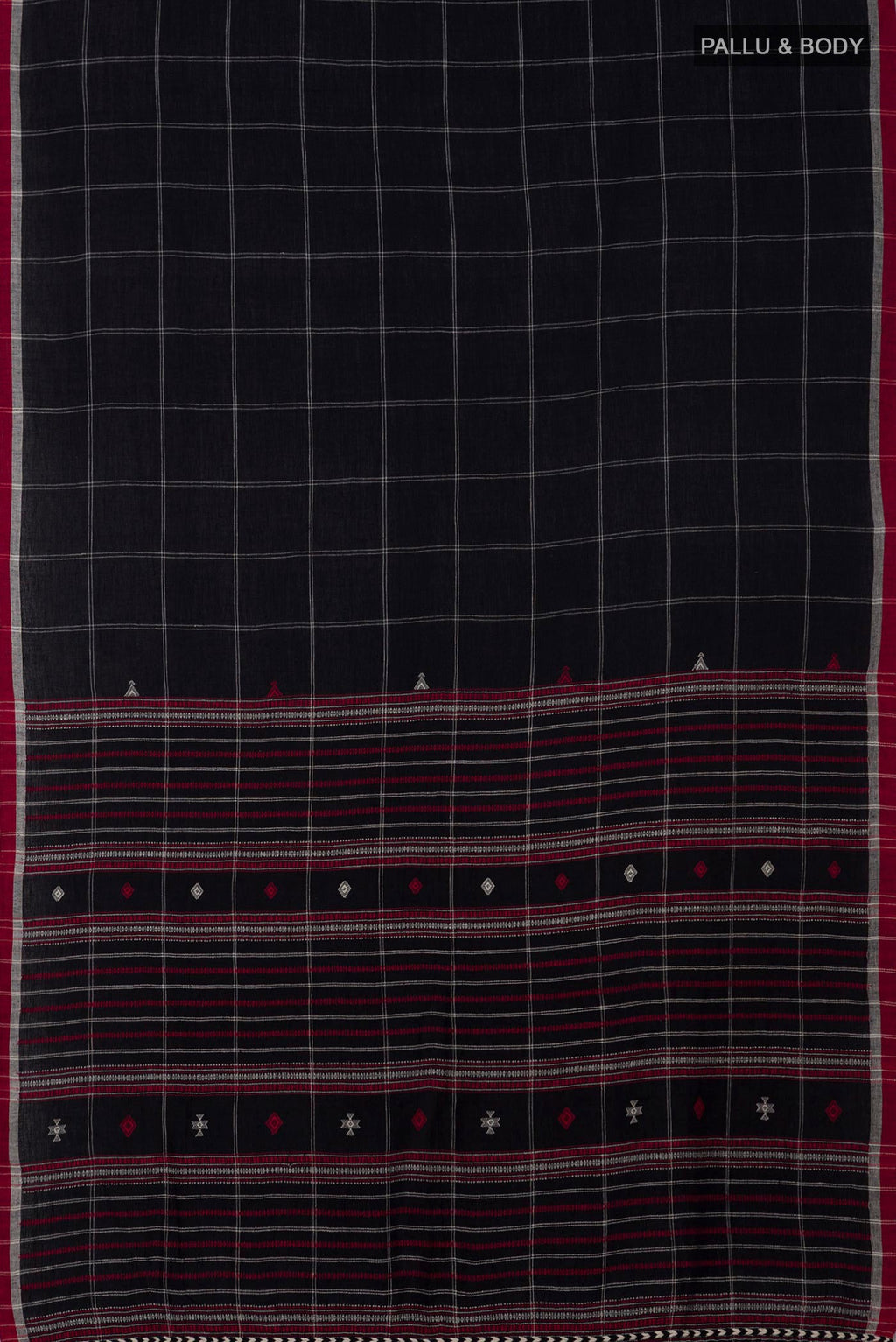 Flat view of Black Assam Cotton Saree with Checked design on the body and Thread Border. 