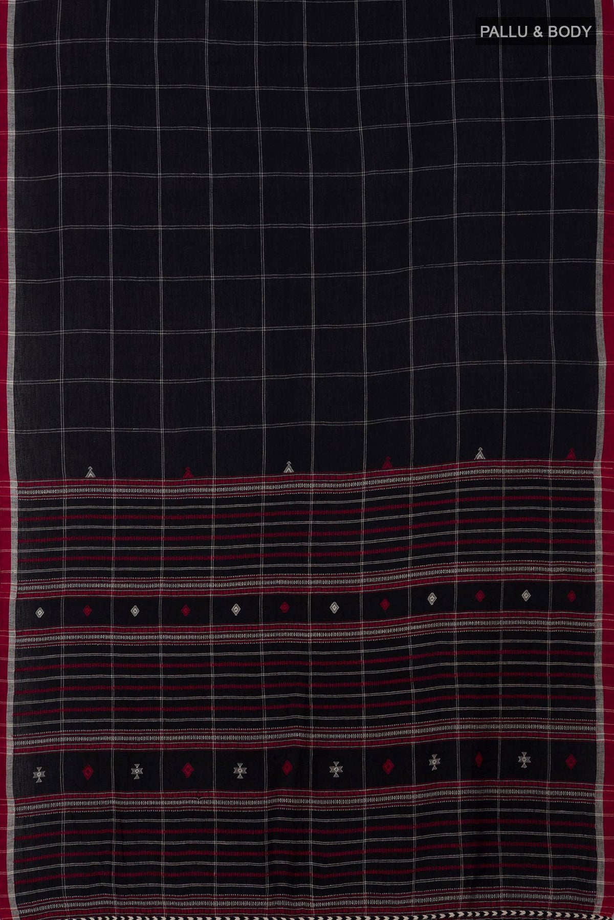 Flat view of Black Assam Cotton Saree with Checked design on the body and Thread Border. 