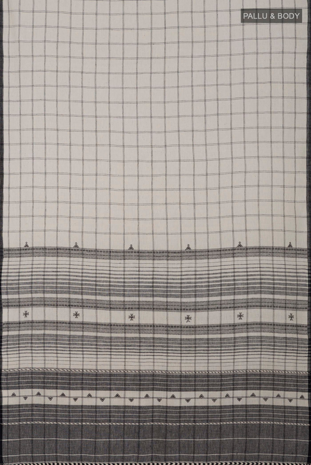 Flat view of White Bengal Cotton Saree with Checked design on the body and Plain Border. 
