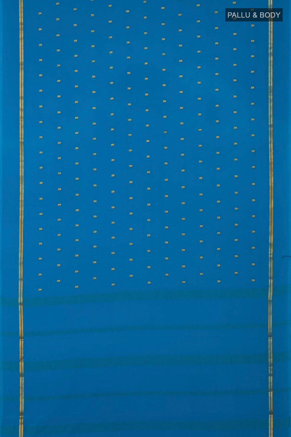 Flat view of Blue Mysore Crepe Saree with Zari Butta on the body and Plain Border. 