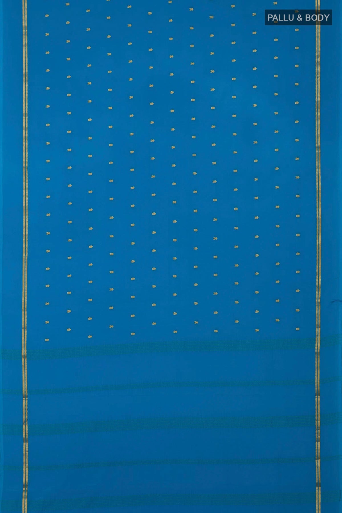 Flat view of Blue Mysore Crepe Saree with Zari Butta on the body and Plain Border. 
