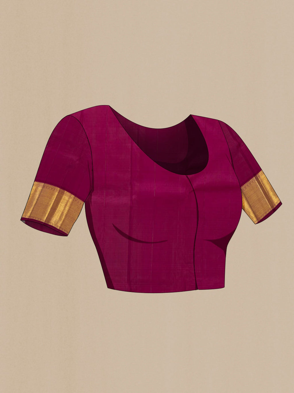 Close up image of the blouse of Purple Kanchipuram Saree with Zari Brocade on the body and Zari Border. 