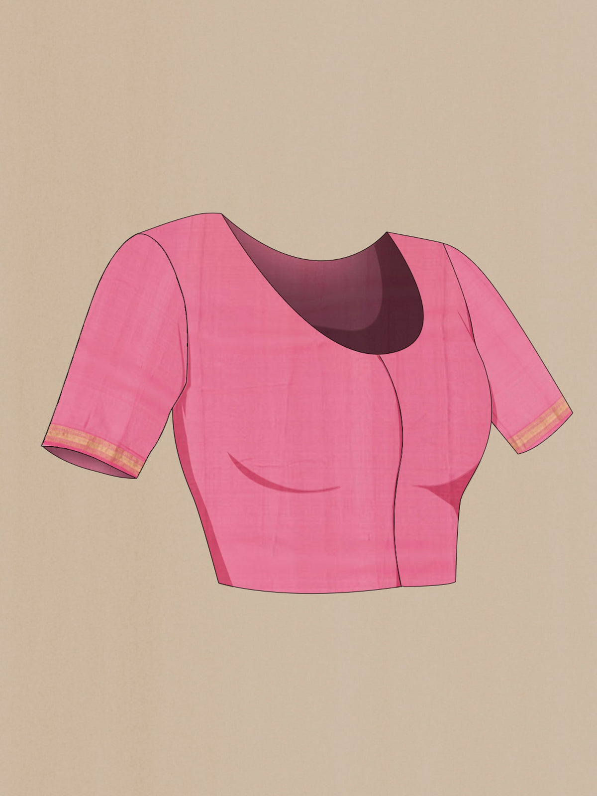 Close up image of the blouse of Pink Chiffon Saree with Fancy on the body and Zari Border. 