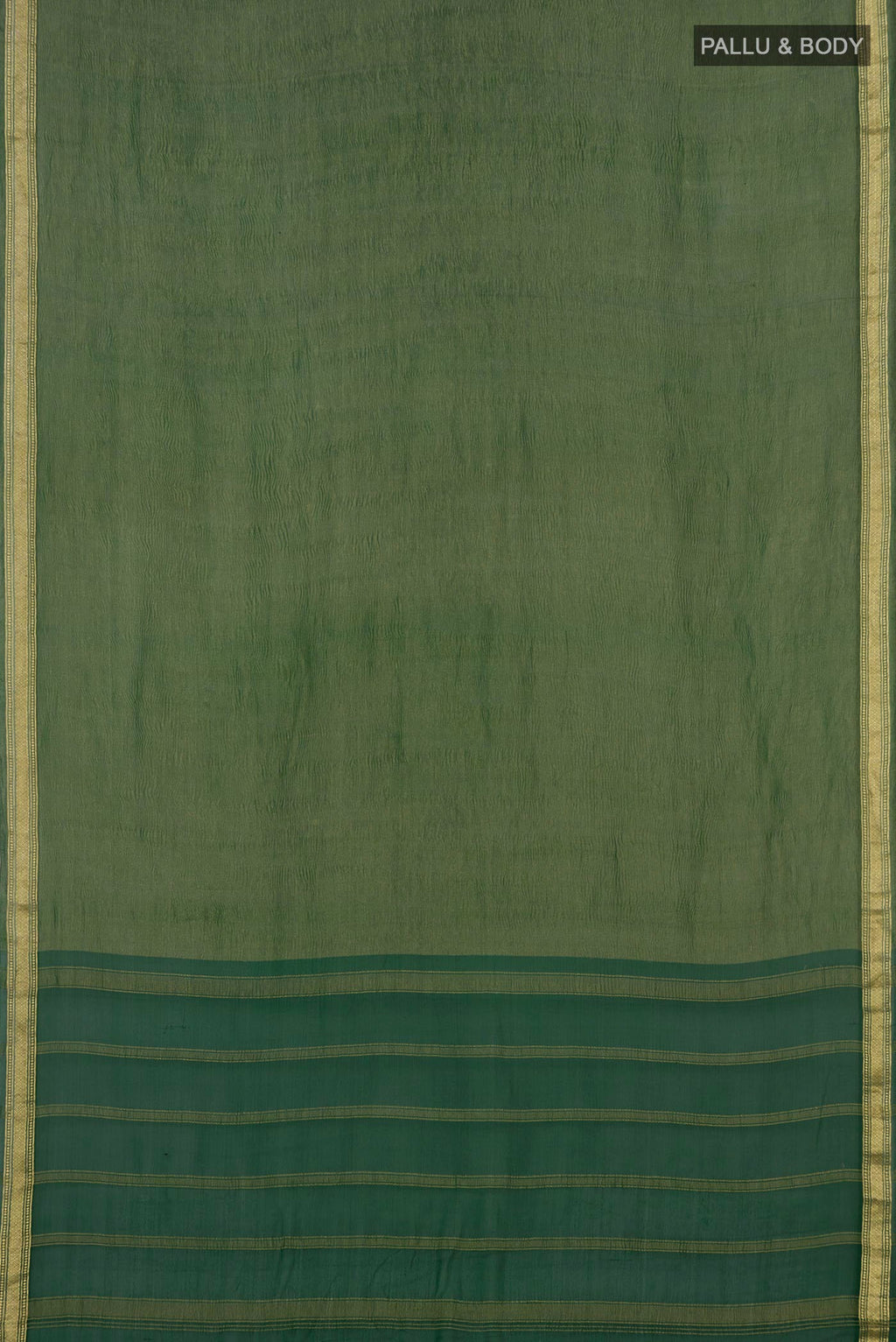 Flat view of Green Chiffon Saree with Plain Body and Zari Border. 