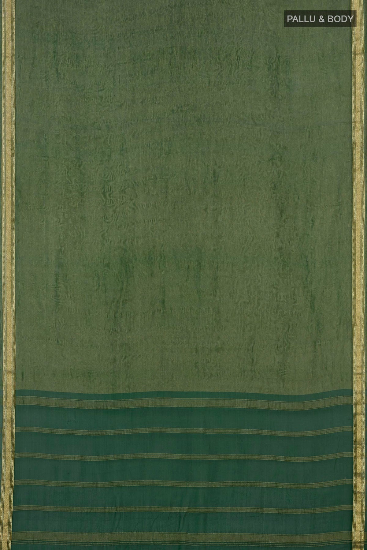 Flat view of Green Chiffon Saree with Plain Body and Zari Border. 
