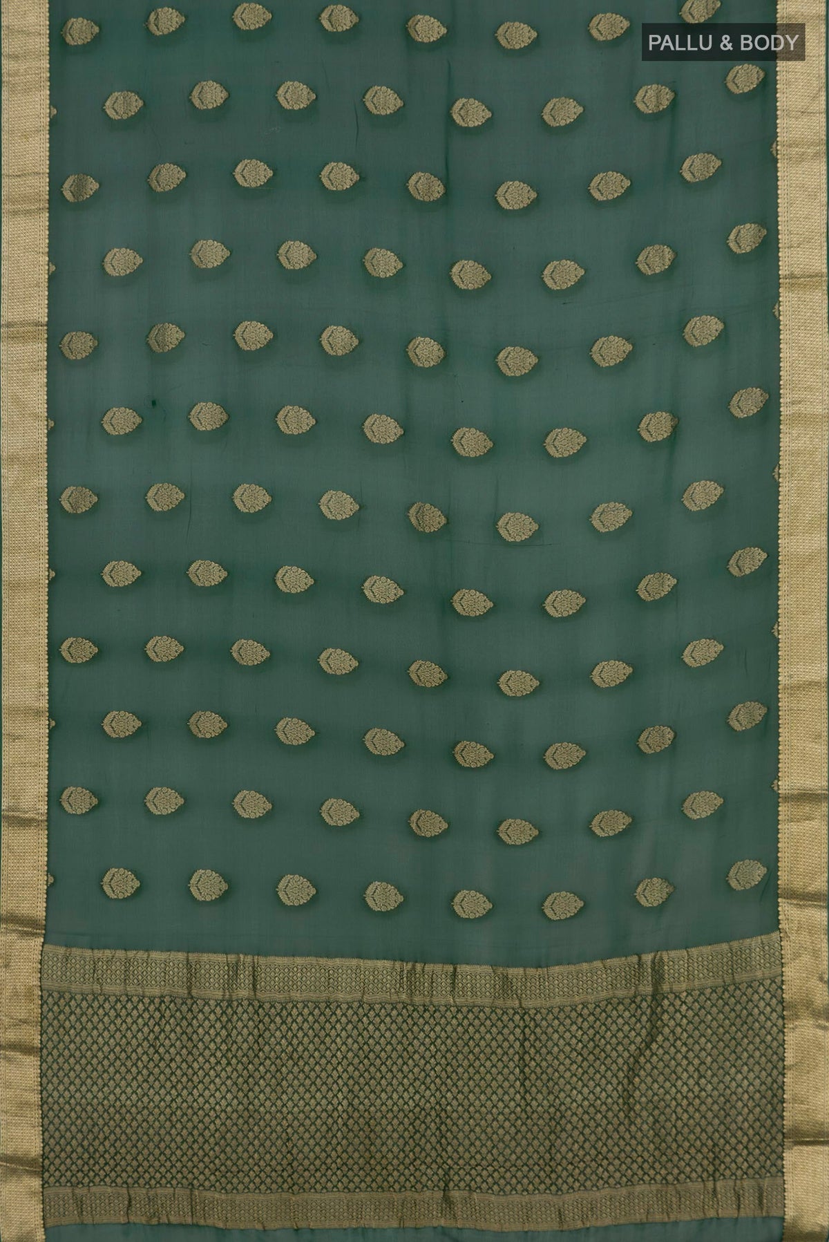 Flat view of Green Georgette Saree with Fancy on the body and Zari Border. 