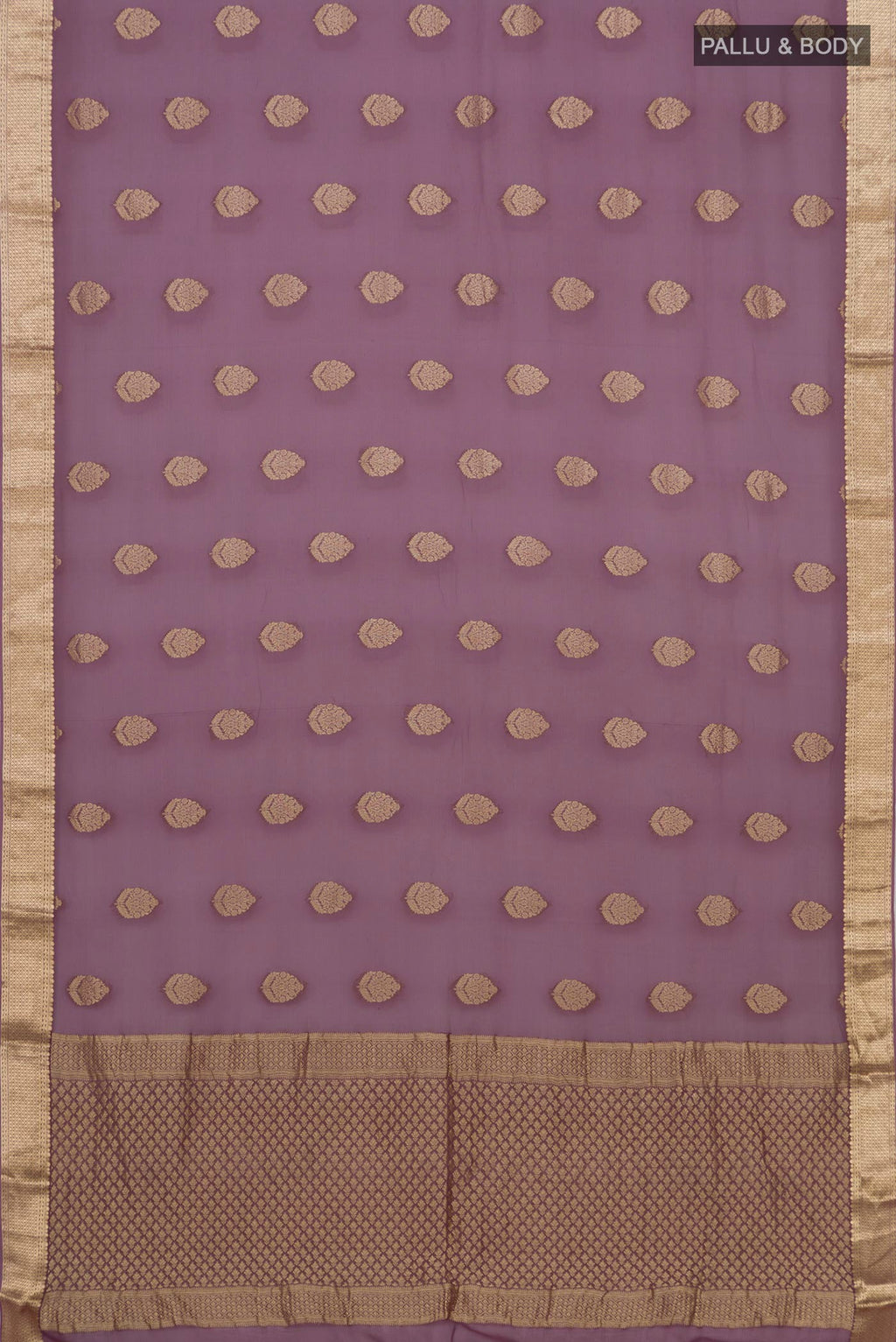 Flat view of Lavender Georgette Saree with Fancy on the body and Zari Border. 