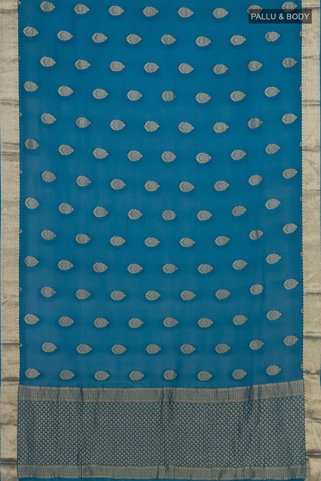 Flat view of Blue Georgette Saree with Fancy on the body and Zari Border. 