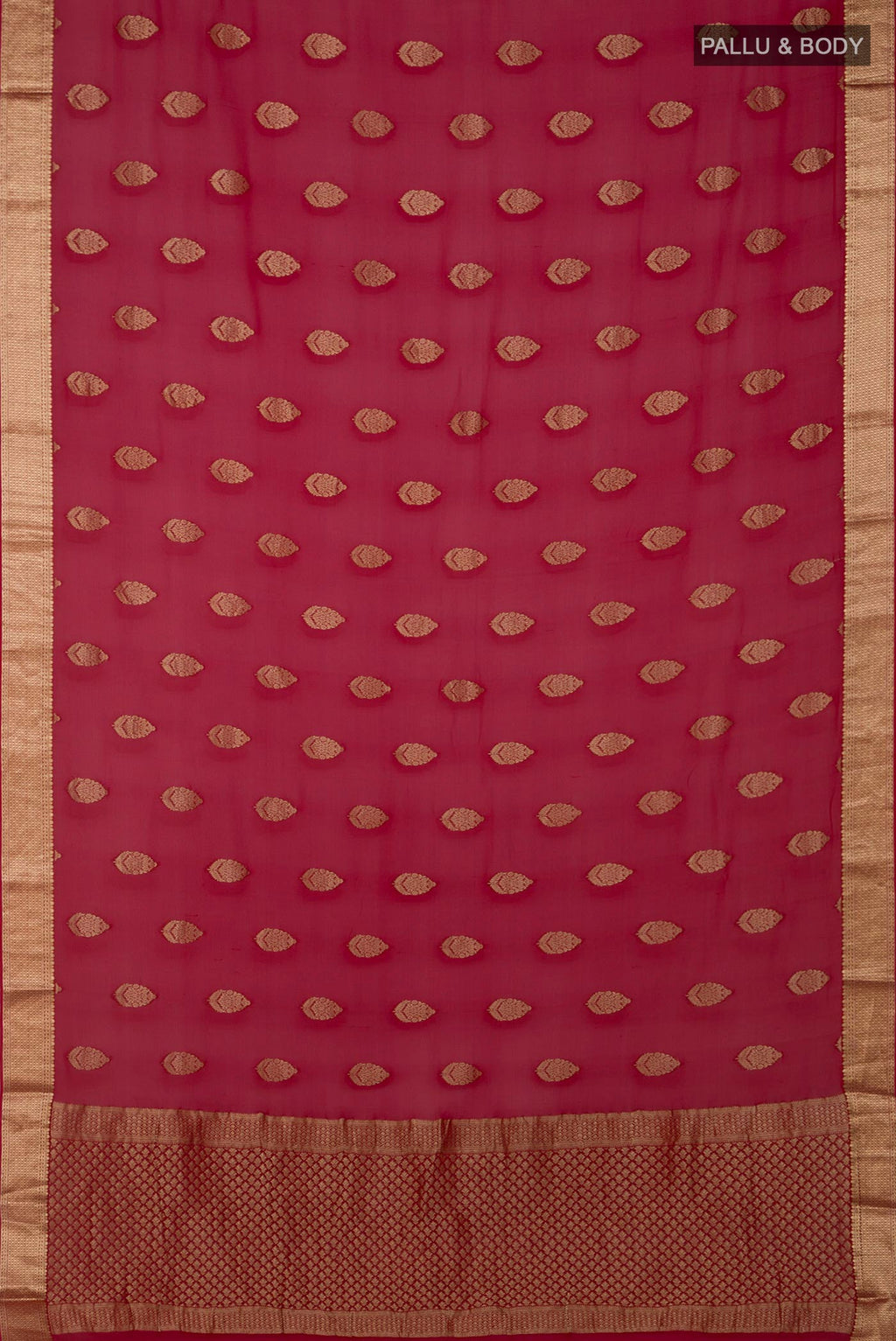 Flat view of Red Georgette Saree with Fancy on the body and Zari Border. 