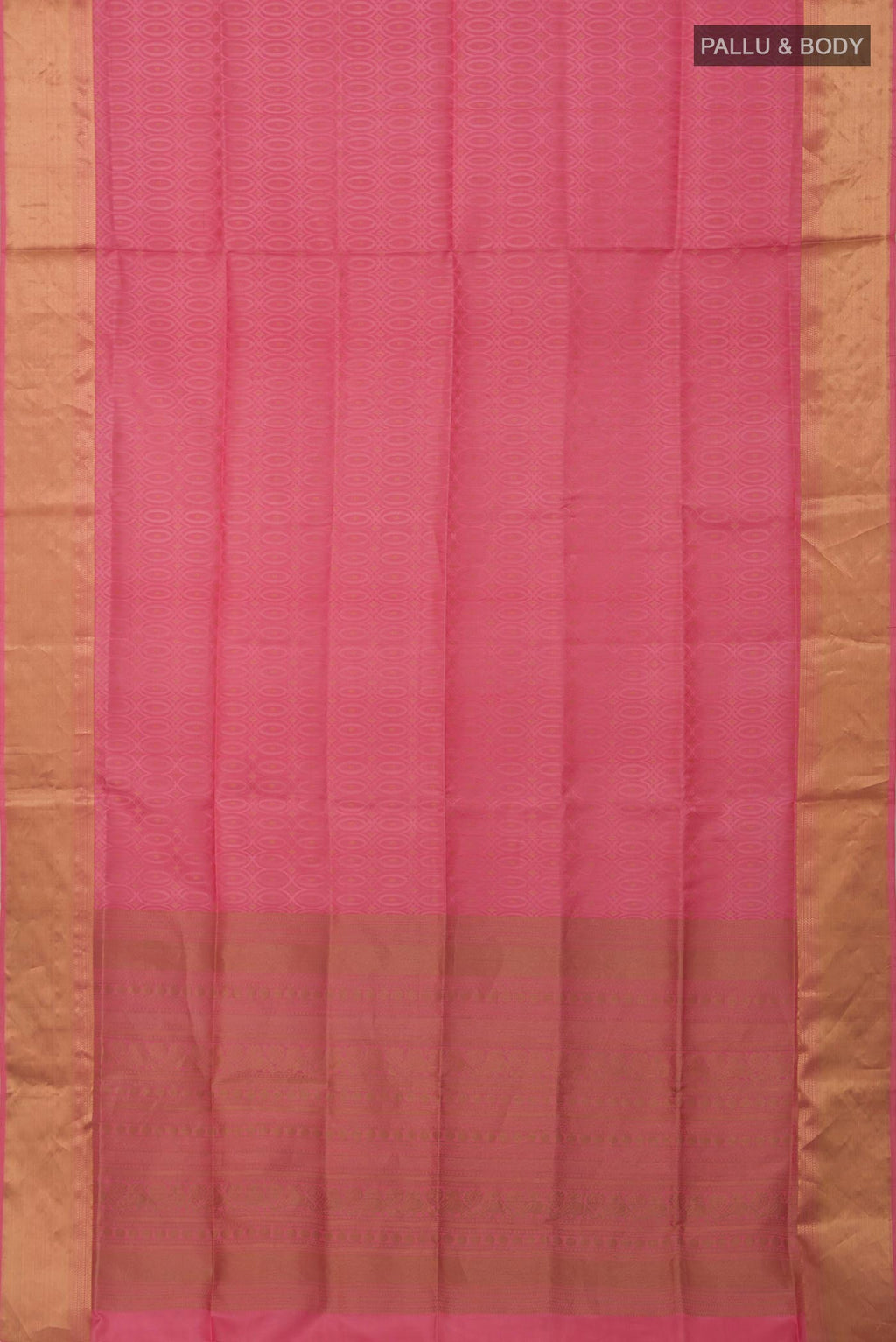 Flat view of Pink Soft Silk Saree with Jacquard With Zari Butta on the body and Zari Border. 