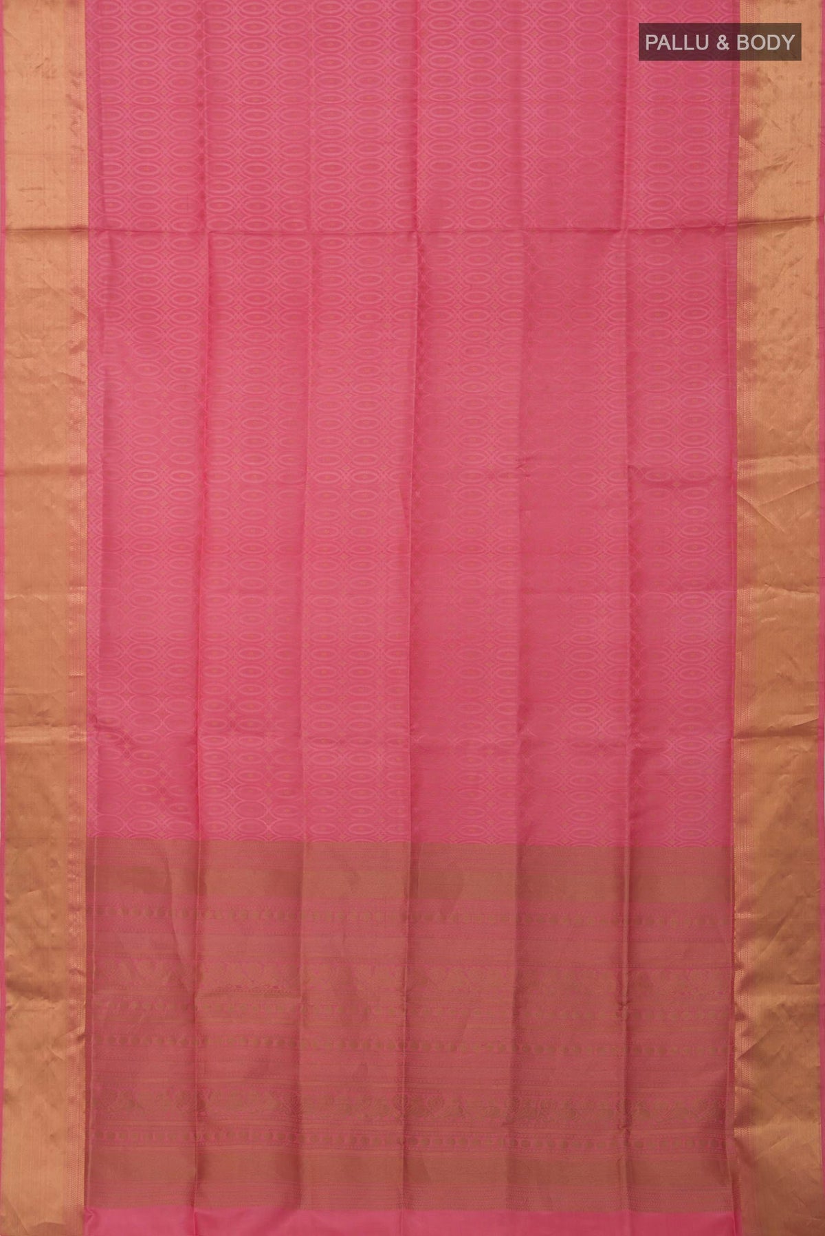 Flat view of Pink Soft Silk Saree with Jacquard With Zari Butta on the body and Zari Border. 