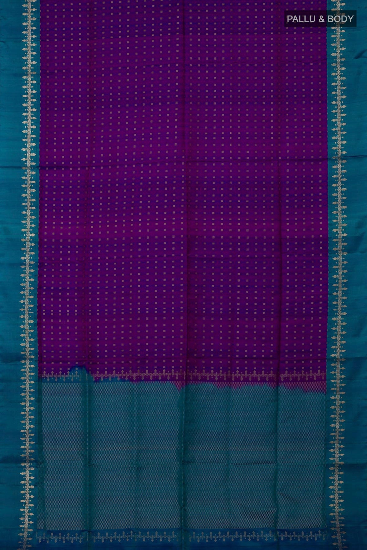Flat view of Purple Soft Silk Saree with Jacquard With Zari Butta on the body and Zari Border. 